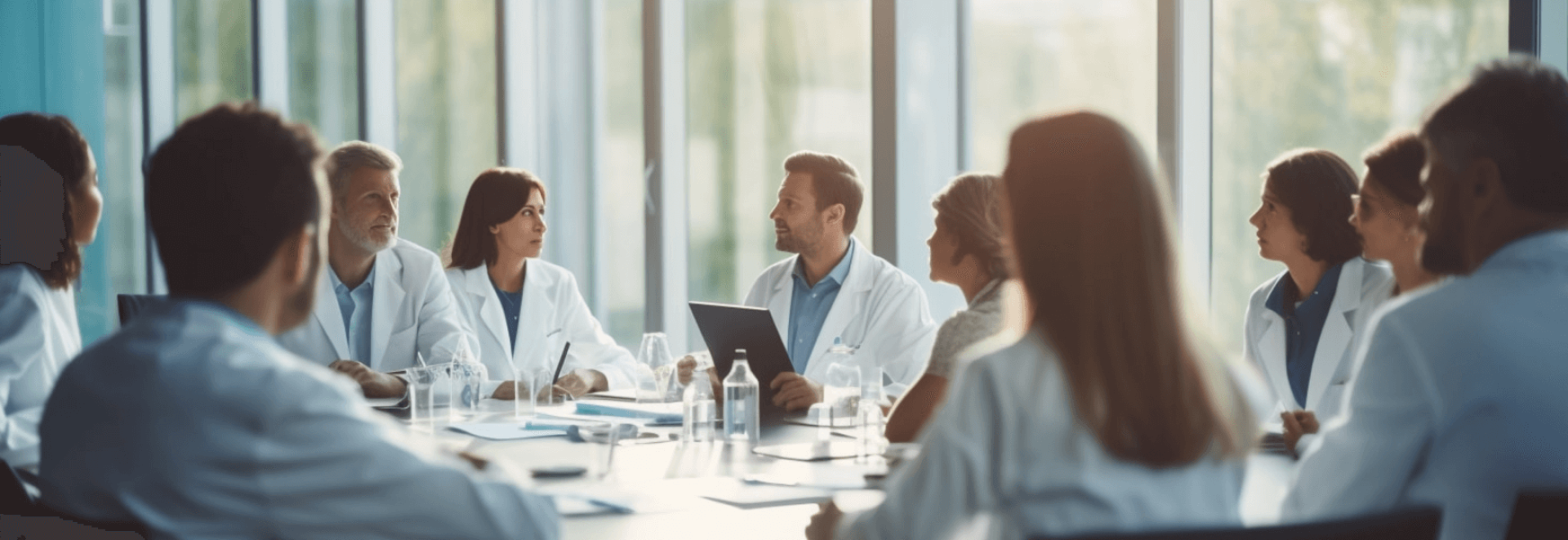 a group of people sitting around a table