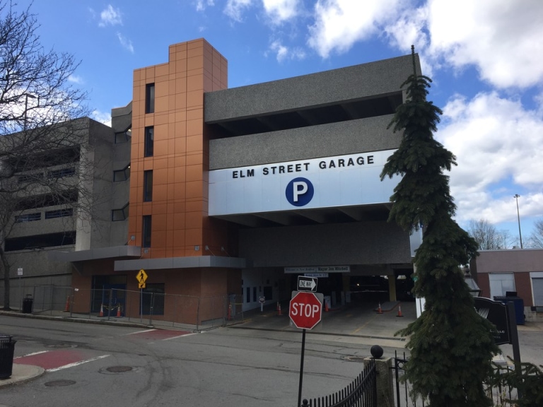 a building with a parking garage