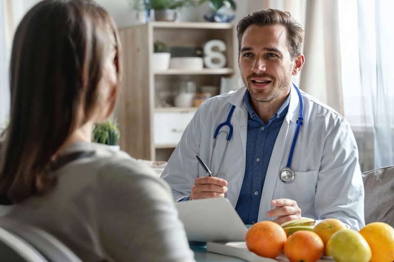 a man in a white coat talking to a woman